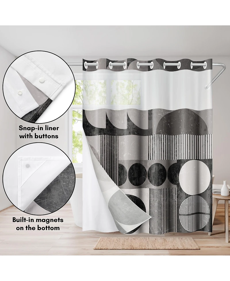 Americanflat 72x75 Hookless Shower Curtain - Abstract Shower Black Grey Curtain with Sheer Panel, Snap-In Liner, and Grommets