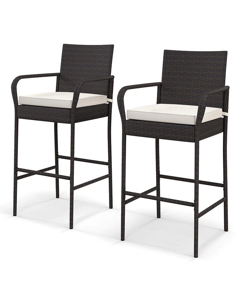 2 Pieces Outdoor Pe Rattan Cushioned Barstool Set with Armrests