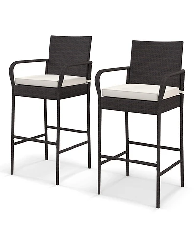 2 Pieces Outdoor Pe Rattan Cushioned Barstool Set with Armrests