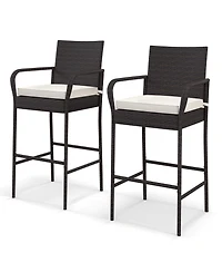 2 Pieces Outdoor Pe Rattan Cushioned Barstool Set with Armrests