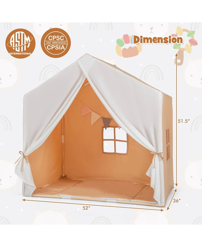 Kid's Play Tent with Washable Cotton Mat and Flag Banner
