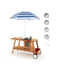 Wooden Play Cart with Sun Proof Umbrella for Toddlers Over 3 Years Old