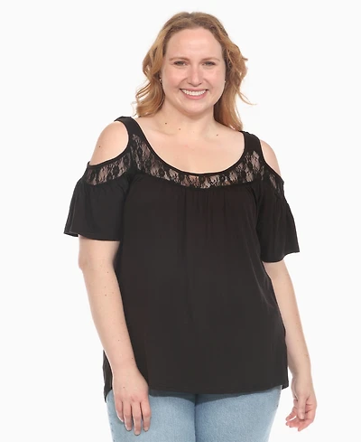 White Mark Plus Cold Shoulder Lace Trim Knit Top