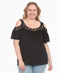 White Mark Plus Cold Shoulder Lace Trim Knit Top