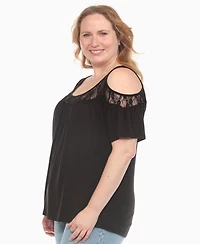 White Mark Plus Cold Shoulder Lace Trim Knit Top