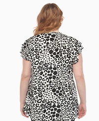 White Mark Plus Bold Leopard Print Ruffle Sleeve Top