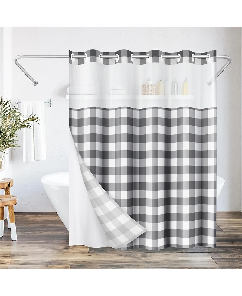 Americanflat 72x75 Hookless Shower Curtain - Gray Plaid Shower Curtain with Sheer Panel, Snap-In Liner, and Grommets - 100% Polyester