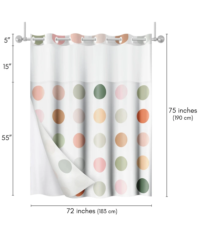 Americanflat 72x75 Hookless Shower Curtain - Polka Dot Green Orange Pink Shower Curtain with Sheer Panel, Snap-In Liner, and Grommets