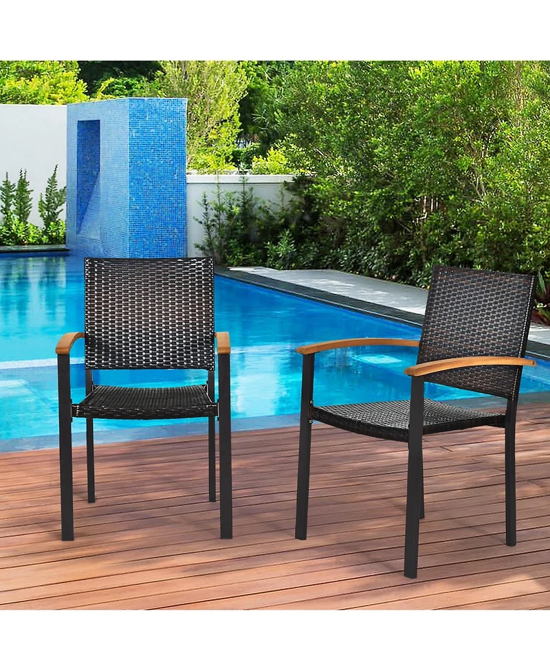 Gymax 2PCS Stackable Patio Wicker Dining Chair Rattan Armchair Outdoor Yard
