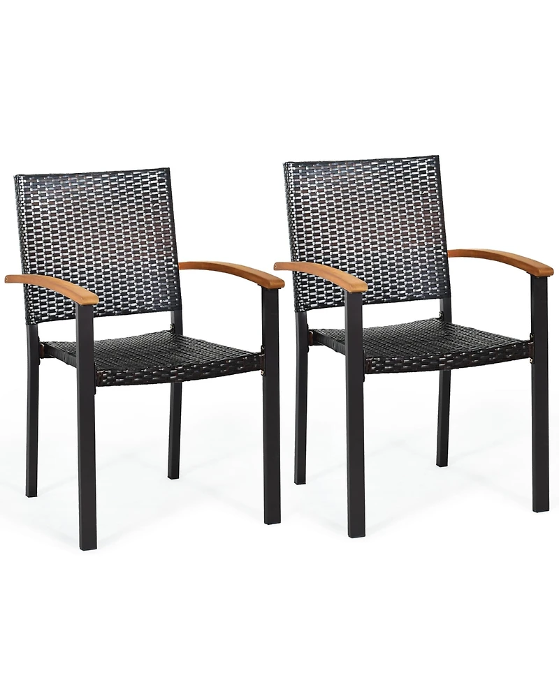 Gymax 2PCS Stackable Patio Wicker Dining Chair Rattan Armchair Outdoor Yard