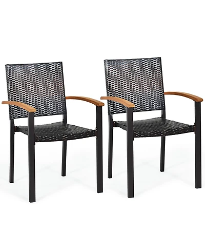 Gymax 2PCS Stackable Patio Wicker Dining Chair Rattan Armchair Outdoor Yard