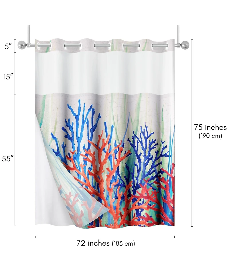 Americanflat 72x75 Hookless Shower Curtain - Coastal Orange Blue Shower Curtain with Sheer Panel, Snap-In Liner, and Grommets - 100% Polyester