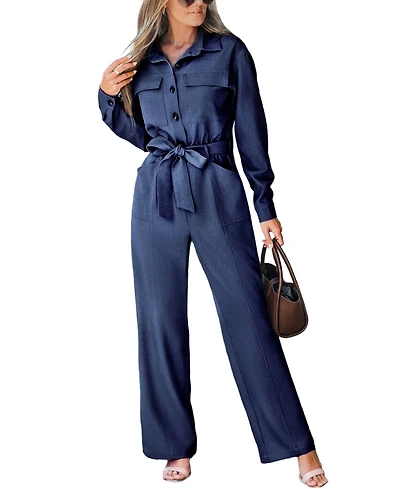 Cupshe Women's V Neck Button-Up Front Tie Waist Jumpsuit, Created for Macy's