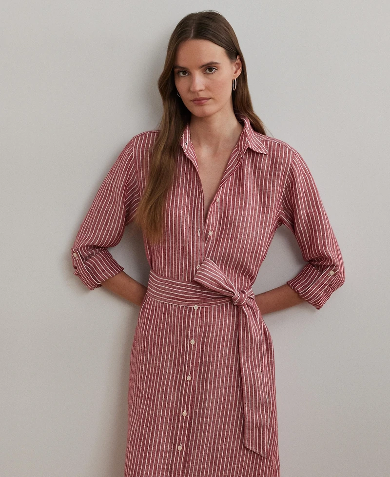 Lauren Ralph Women's Striped Linen Roll-Tab-Sleeve Shirtdress