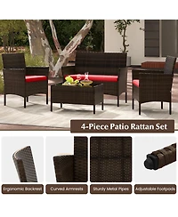 4 Piece Patio Rattan Conversation Set with Cozy Seat Cushions