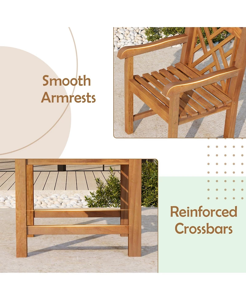 Teak Wood Patio Dining Chair with Slatted Seat Cross-Rhombus Backrest and Solid Legs