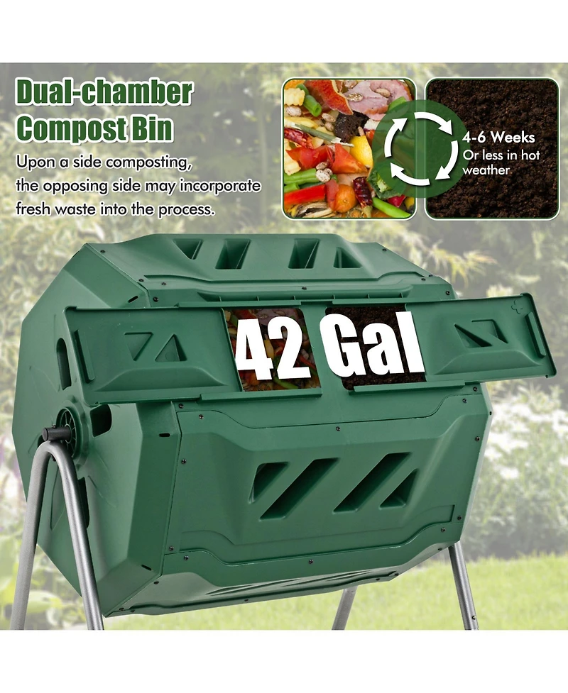 43 Gallon Rotating Compost Bin Barrel with Dual Chamber and Sliding Doors-Green