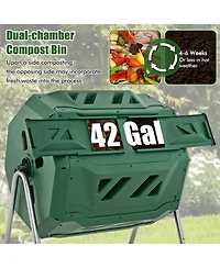 43 Gallon Rotating Compost Bin Barrel with Dual Chamber and Sliding Doors-Green