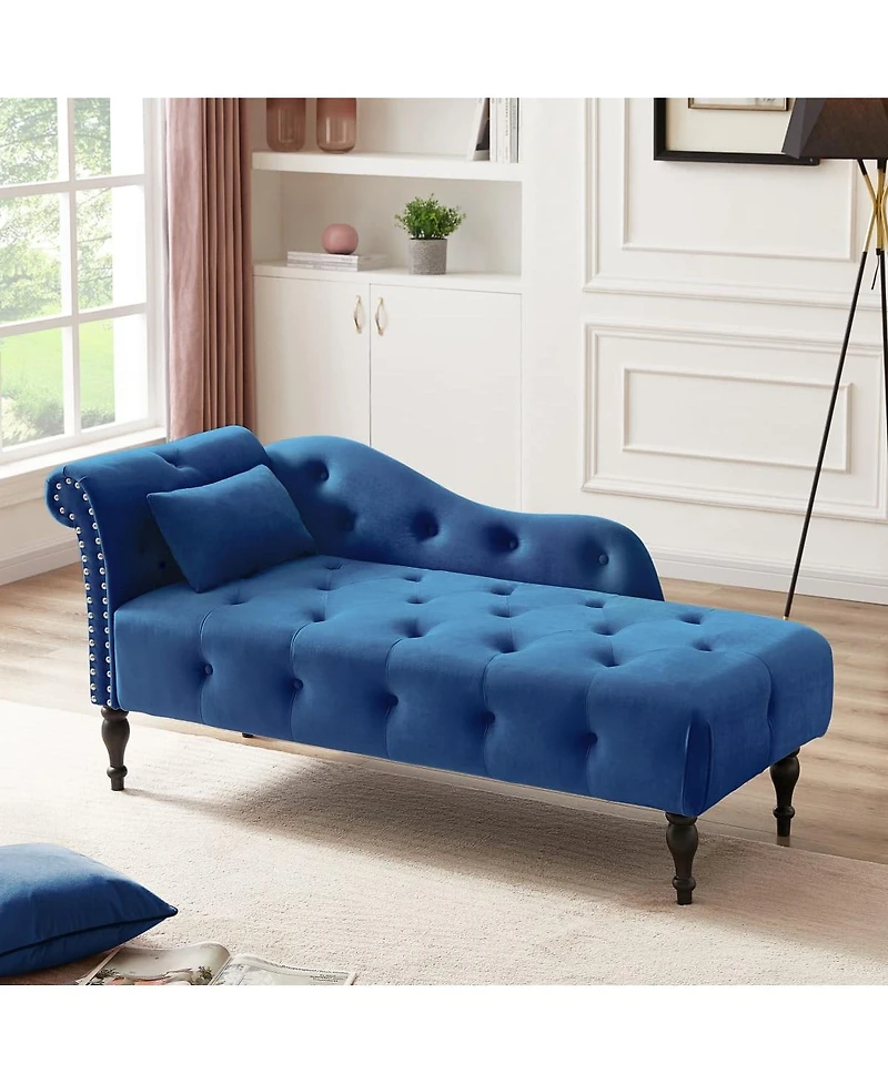 60 Inch Velvet Tufted Chaise Lounge with Nailhead Trim Solid Wood Legs and Pillow for Living Room Bedroom Reading or Relaxing-The Pop Home