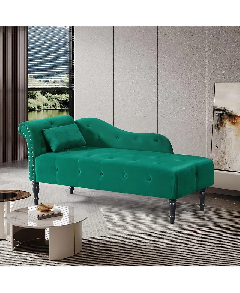 60 Inch Velvet Tufted Chaise Lounge with Nailhead Trim Solid Wood Legs and Pillow for Living Room Bedroom Reading or Relaxing-The Pop Home