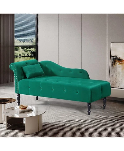 60 Inch Velvet Tufted Chaise Lounge with Nailhead Trim Solid Wood Legs and Pillow for Living Room Bedroom Reading or Relaxing-The Pop Home