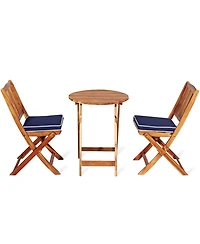 Gymax 3PCS Folding Patio Conversation Set Acacia Wood Bistro Set w/ Cushions