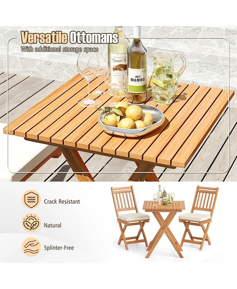 Outdoor Wood Bistro Set with Soft Seat Cushions and Table