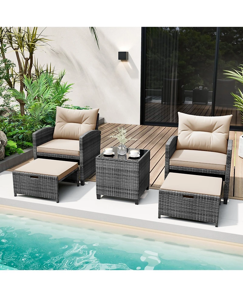 5 Piece Patio Rattan Furniture with 2 Ottomans and Tempered Glass Coffee Table