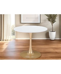 Compact 35" Dining Table – Elegant White and Gold Design with Steel Pedestal Support