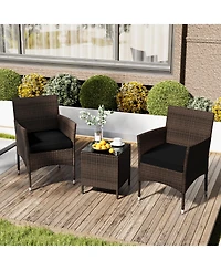 3 Pieces Outdoor Conversation Set with Cushioned Seat and Glass Tabletop-Black