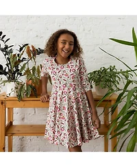 Mightly Toddler Girls Fair Trade Organic Cotton Print 3/4 Sleeve Twirl Dress