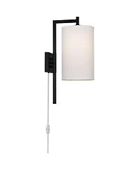 Possini Euro Design Bixby Modern Wall Lamps Set of 2 Black Metal Plug-in 8" Light Fixture White Fabric Drum Shade for Bedroom Reading Living Room