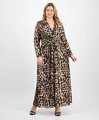 Anne Klein Plus Printed Mesh Long-Sleeve Maxi Dress