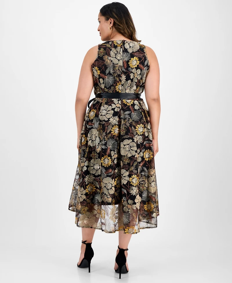 Tahari Asl Plus Embroidered-Mesh Tie-Waist Dress