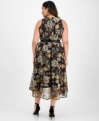 Tahari Asl Plus Embroidered-Mesh Tie-Waist Dress