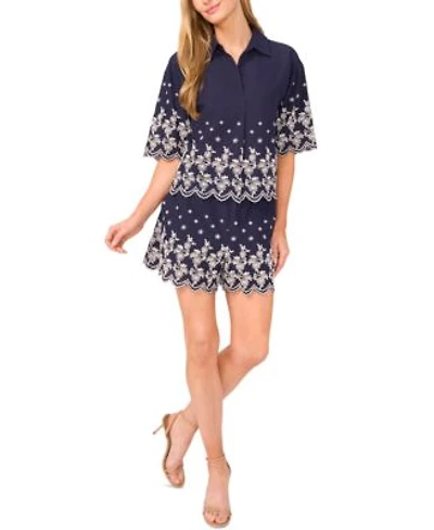 Cece Womens Contrast Embroidered Cotton Collared Shirt Embroidered Scalloped Hem Cotton Shorts