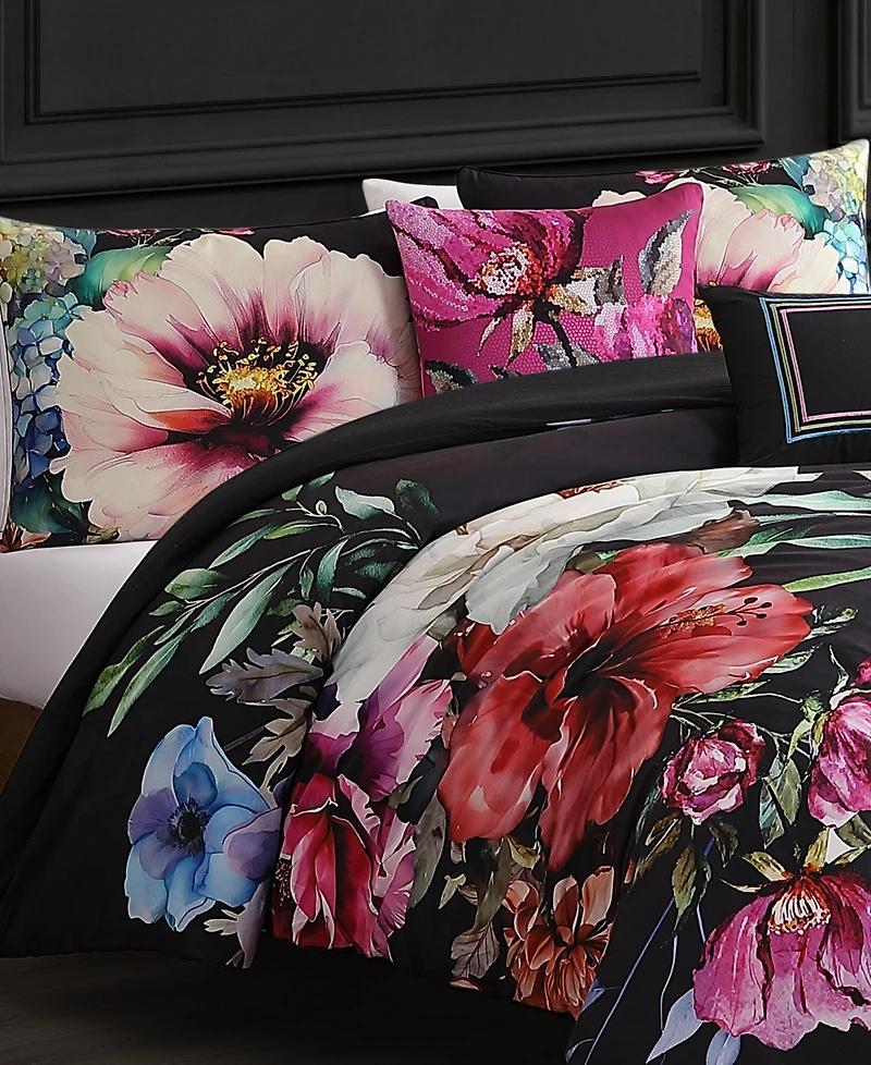 Bebejan Black Night Poppies Bedding 100% Cotton Sateen 5 Piece Queen Size Reversible Comforter Set
