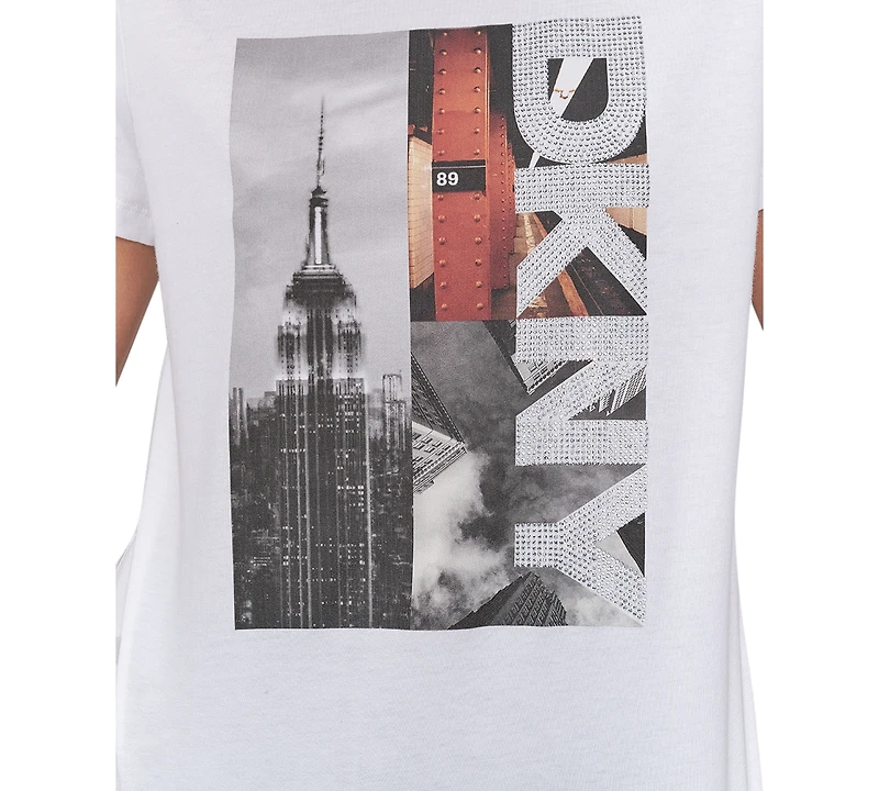Dkny Jeans Women's Rhinestone 3 Image Photoreal Logo T-Shirt - WHB