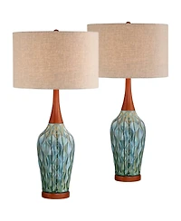 360 Lighting Rocco Modern Mid Century Table Lamps 30" Tall Set of 2 Blue Teal Glaze Ceramic Linen Drum Shade for Bedroom Living Room Nightstand H