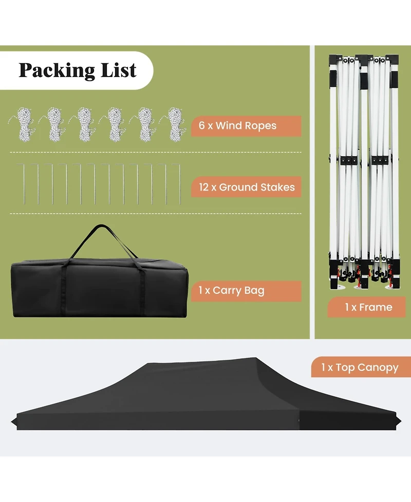 10 X 20 Ft Pop up Canopy Tent Foldable Portable Outdoor Gazebo with Carry Bag-Black