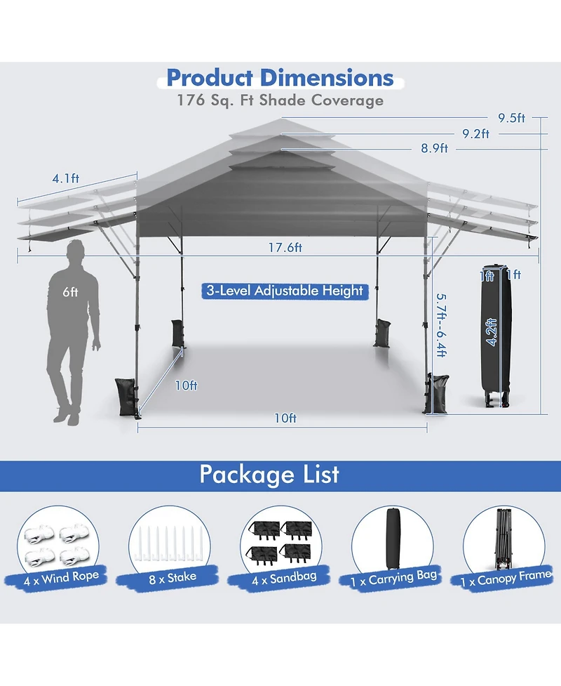 10 x 17.6 Feet Outdoor Instant Pop-up Canopy Tent with Dual Half Awnings