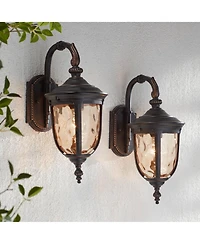 John Timberland Bellagio Vintage Outdoor Wall Light Fixtures Set of 2 Veranda Bronze Downbridge 16 1/2" Champagne Hammered Glass for Post Exterio