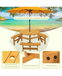 6-Person Natural Circular Wood Outdoor Picnic Table Seats 6 People with 3 Built-in Benches and Umbrella Hole