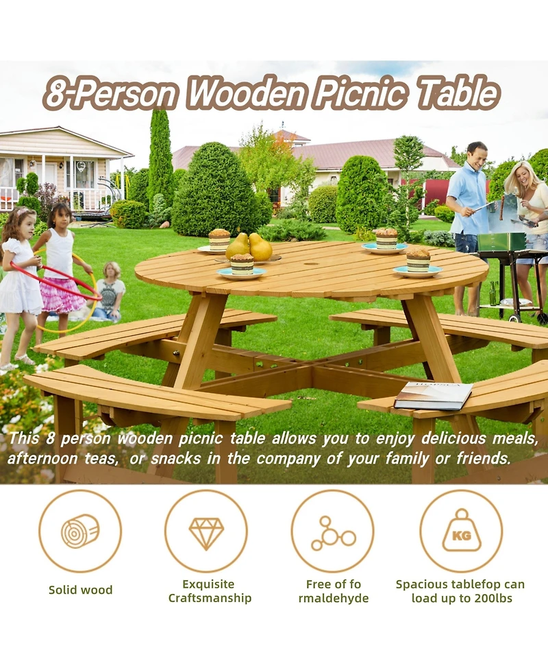 70 in. Natural Light Brown wood 8-Person Round Wooden Outdoor Picnic Table with 4 Built-in Benches and Umbrella Hole