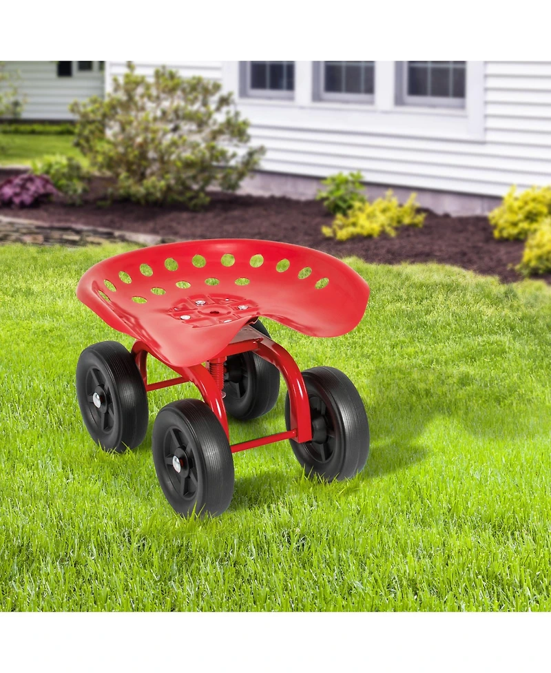 Garden Rolling Workseat with 360° Swivel Seat and Adjustable Height-Red