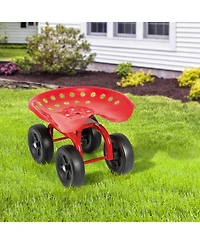 Garden Rolling Workseat with 360° Swivel Seat and Adjustable Height-Red