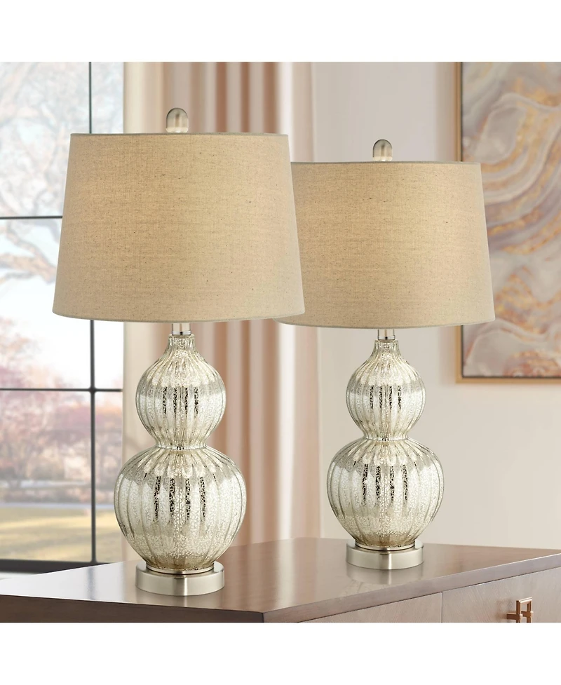 Regency Hill Lili Country Cottage Table Lamps 25" High Set of 2 Fluted Mercury Glass Double Gourd Beige Drum Shade for Bedroom Living Room Bedsid
