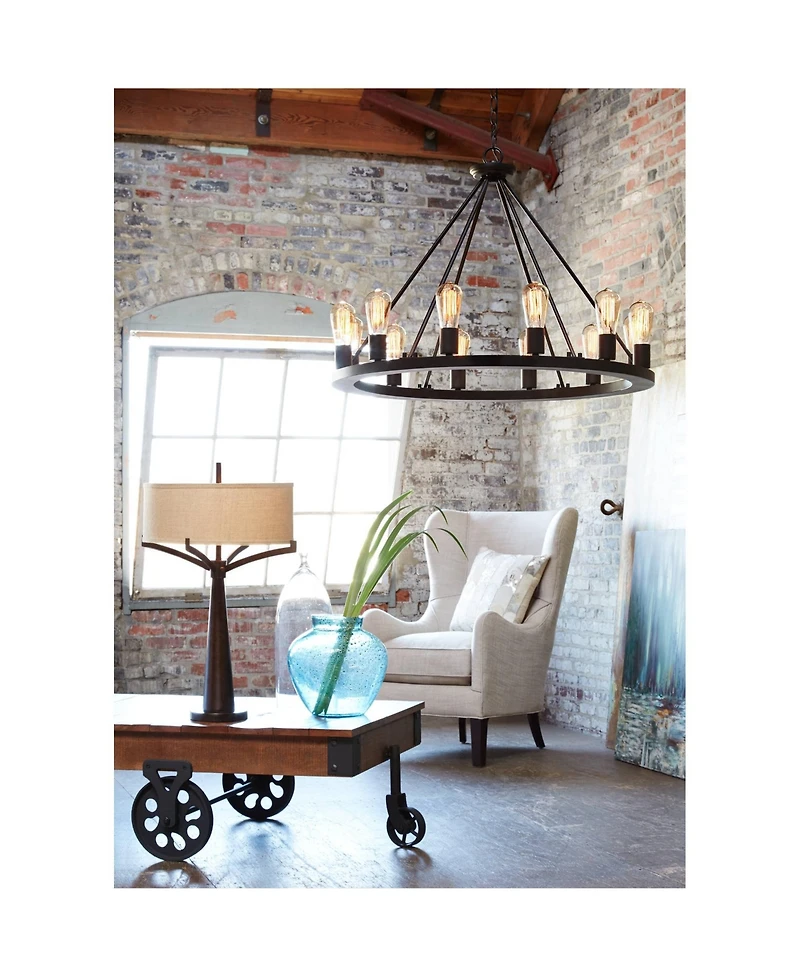 Tremont Mid Century Modern Industrial Table Lamps 31.5" Tall Set of 2 Rich Bronze Iron Burlap Fabric Drum Shade for Living Room Bedroom House Bed