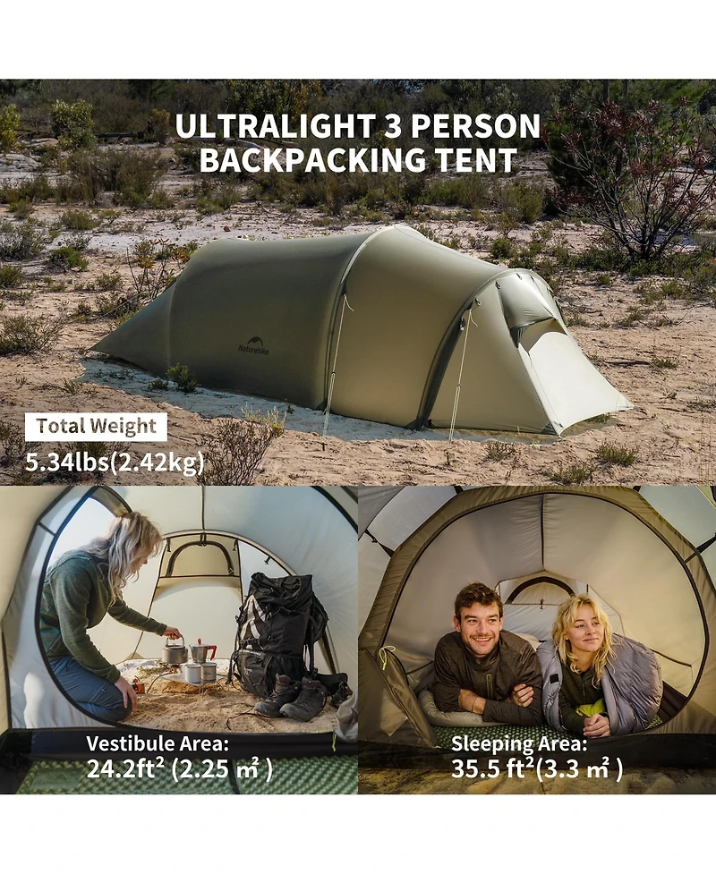 Naturehike Opalus 3 Person Tunnel Tent, Lightweight Backpacking Tent with Vestibule, Double Wall 4 Season Tents for Camping
