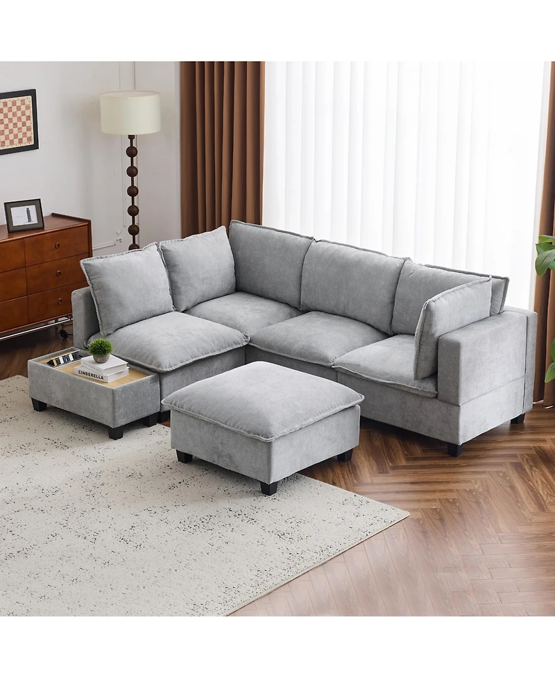 90" U-Shaped Sectional Sofa with Ottoman & Charging Coffee Table